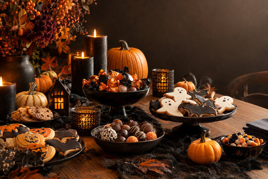 Mesa con dulces y decoraci&oacute;n de Halloween