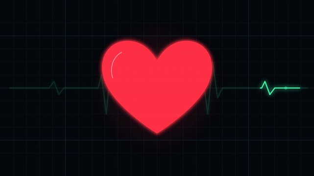 Red heart shape with a green pulsing heartbeat line crossing it on a dark grid surface