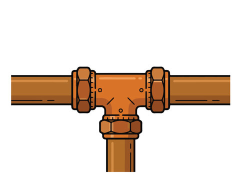 Copper T-junction pipe fitting illustration isolated on white background