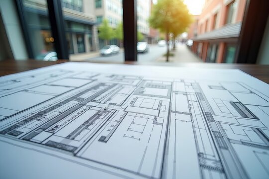 Close-Up View of an Architectural Blueprint on a Drafting Table, Highlighting Ramps and Elevators with a Soft Focus