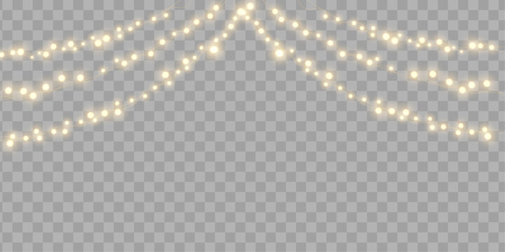 Christmas light bulbs, glowing garlands string. Vector garland illustration isolated on png. New Year's party lights, holiday decorations. Winter holiday season element
