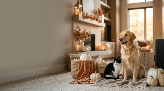Golden Retriever and Cat Sitting in Elegant Halloween Home Interior with White Pumpkins and Copy Space