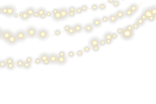Christmas light bulbs, glowing garlands string. Vector garland illustration isolated on png. New Year's party lights, holiday decorations. Winter holiday season element