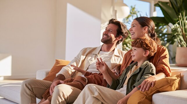 Happy family of three relaxing together on sofa in bright sunny living room