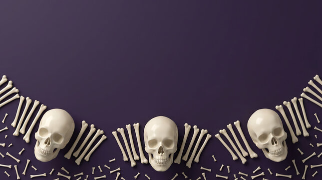 Curved arrangement of skulls and bones on purple background with copy space