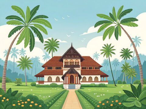 Mattancherry Palace in Kochi, traditional Kerala palace architecture, tropical garden and coconut trees, soft pastel vector illustration