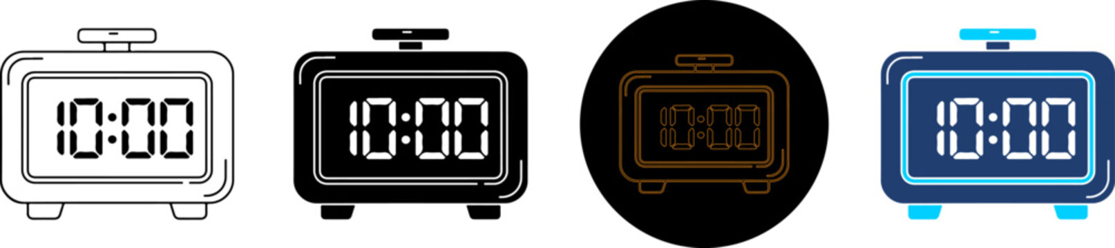 Set of digital alarm clock icons with different styles