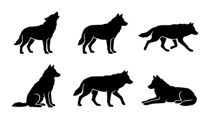 Obraz premium Wolf Silhouettes Collection, Wild Animal Vector Icons, Nature Wildlife Graphic Elements
