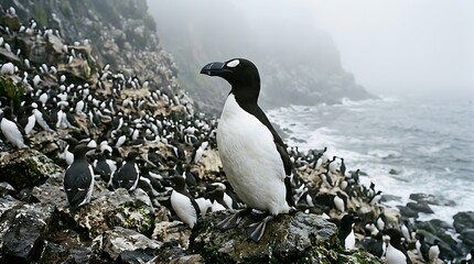 Fototapeta premium Seagull standing on rocky coastal shoreline.