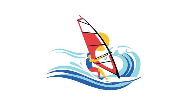 Athlete windsurfing on vibrant blue ocean waves under a bright yellow sun in a dynamic and colorful sports illustration.