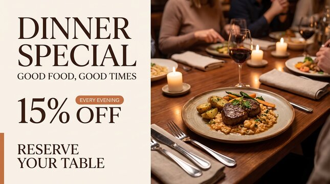 Elegant dinner special offer with 15 percent discount and set table in cozy restaurant