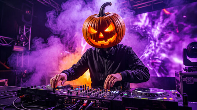 An energetic disc jockey wearing a glowing jack o lantern head performs electronic dance music during an atmospheric autumn festival celebration surrounded by purple smoke effects