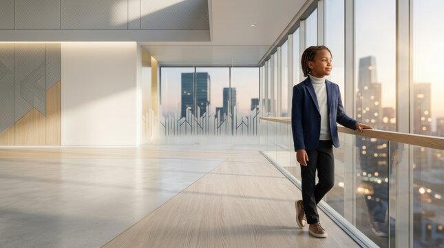 Empowered young girl in professional office looking at city skyline with copy space for corporate social responsibility and leadership themes.