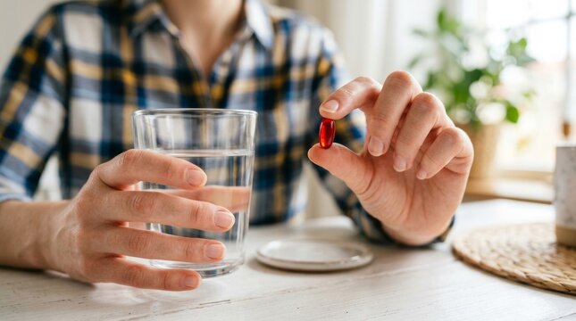 A person holding a red supplement pill with water
