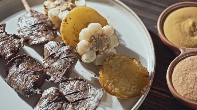 Authentic Peruvian Anticuchos with Corn, Potatoes, and Dipping Sauces