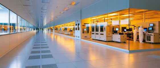Fototapeta premium Cleanroom hallway with technicians in white suits working inside glass walled lab under yellow lighting