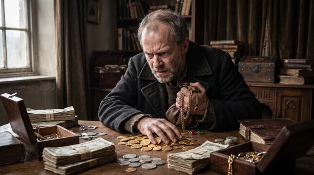 Greedy man counting gold coins and money at old wooden table. Mature male miser clutching jewelry in dark vintage room