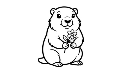 Obraz premium Industrial Style Black and White Line Drawing of a Cute Groundhog Holding a Flower and Berries Minimalist
