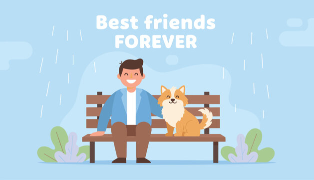 Happy man sitting next to his fluffy dog on a park bench under gentle rain, celebrating best friends forever.