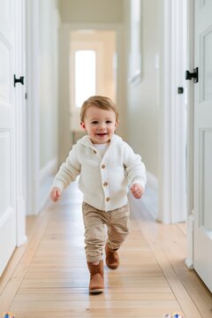 Toddler taking first steps down bright hallway with joyful expression