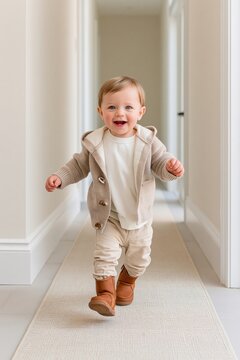 Toddler taking first steps down bright hallway with joyful expression