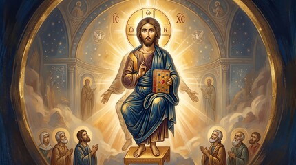 Fototapeta premium Jesus Christ enthroned in glory with holy book and blessing gesture surrounded by praying apostles and saints. Orthodox icon style religious