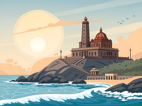 Vivekananda Rock Memorial  monumental coastal architecture on rocky island  ocean waves and sunrise