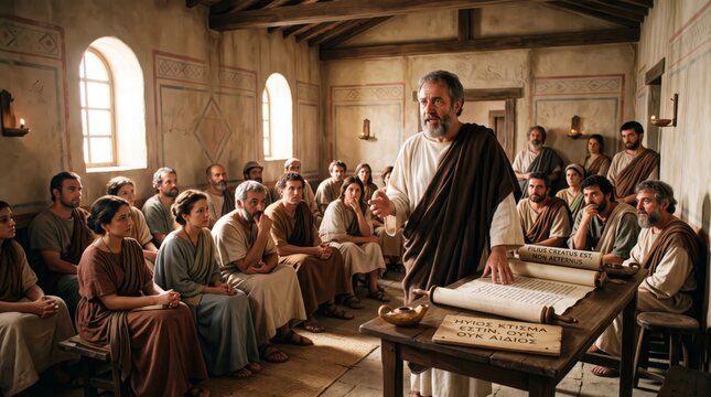 Man apostle preaching to crowd of people in ancient room with scrolls on wooden table. Bible teaching and early christian church gathering. Religious education, sermon and catholic faith concept.