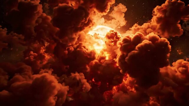 Massive fiery explosion with glowing sparks and thick smoke clouds, cinematic action background, for vfx and motion