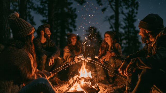 Friends roasting marshmallows over campfire at night with sparks rising into dark forest and warm firelight glow camping concept