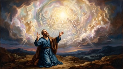 Fototapeta premium Prophet kneeling and praying to god with divine light from heaven. Biblical scene with angels in clouds. Religious oil painting, faith, revelation and spiritual devotion concept for church and bible