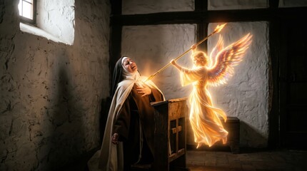 Fototapeta premium Glowing angel piercing heart of praying nun with golden spear in old monastery. Vision of saint Teresa religious ecstasy. Catholic faith, divine love and mystical spirituality concept.