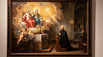 Fototapeta premium Classic religious oil painting of monk praying before altar with holy trinity of Jesus Christ, God father and holy spirit dove surrounded by angels in