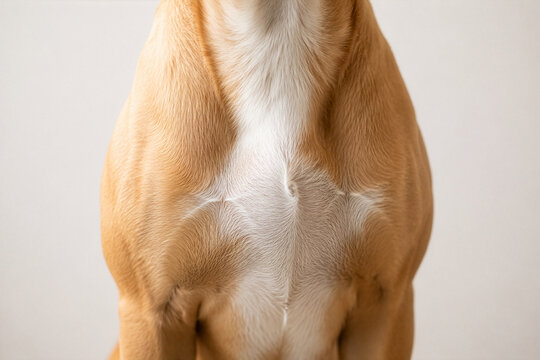 Close up of a tan dog chest with white fur