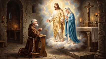Fototapeta premium Kneeling monk praying to Jesus Christ and virgin Mary appearing in glowing light inside old stone chapel. Catholic faith, divine vision and miracle. Religious painting for prayer and devotion