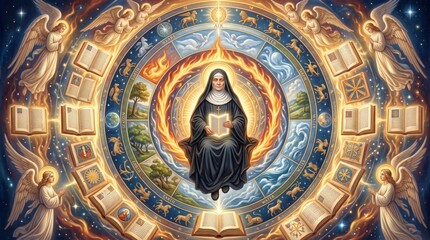 Fototapeta premium Nun with glowing book surrounded by fire ring and sacred mandala of elements. Angels praying and open gospel books in mystical religious
