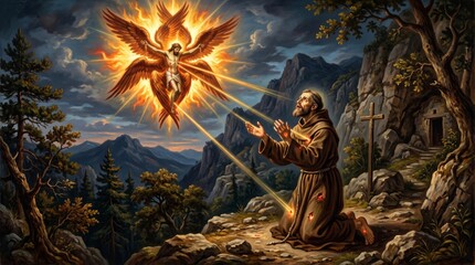 Fototapeta premium Man monk kneeling in prayer receiving stigmata from burning seraph vision of crucified Jesus Christ on mountain. Religious miracle scene of saint receiving divine
