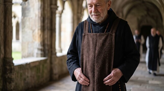 Elderly monk in black robe with brown scapular and wooden rosary walking in medieval monastery cloister. Catholic faith, prayer and monastic life. Religious devotion and humility concept.