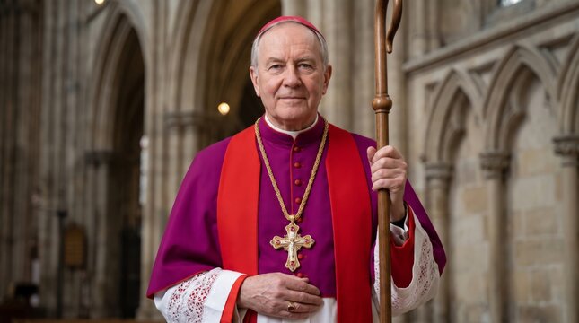 Senior catholic bishop in purple vestments holding pastoral staff in gothic cathedral. Portrait of elderly priest with golden pectoral