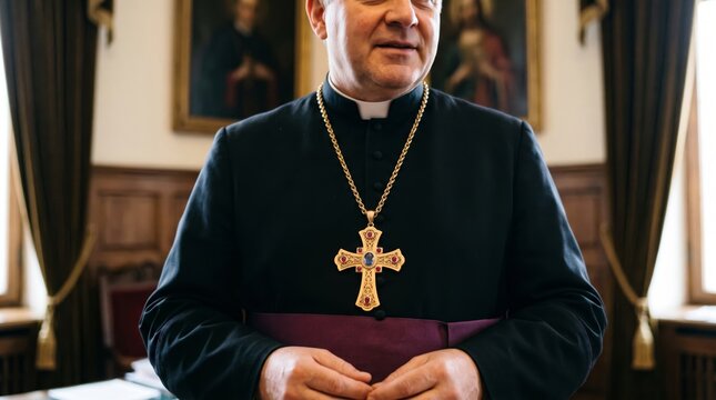 Catholic bishop in black cassock with golden pectoral cross standing in church interior. Senior priest with religious necklace symbol of