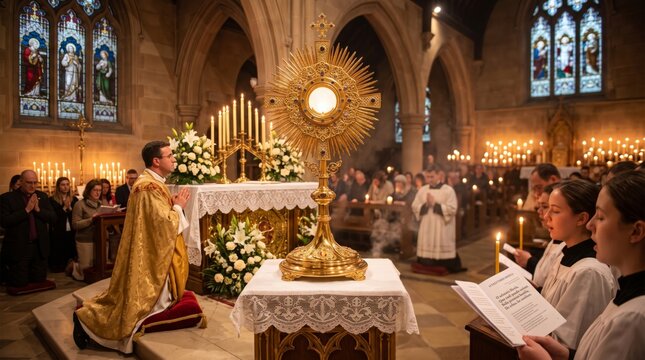 Priest kneeling in prayer before golden monstrance with eucharist during adoration ceremony in catholic church. Worshippers and altar servers with candles at solemn religious
