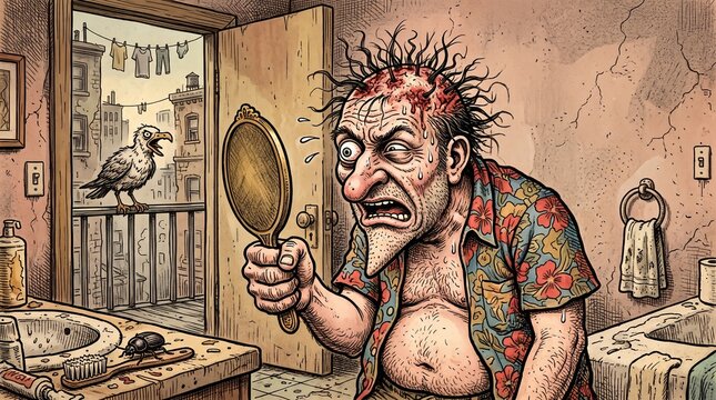 Horrified Man Inspecting Botched Hair Transplant In Mirror