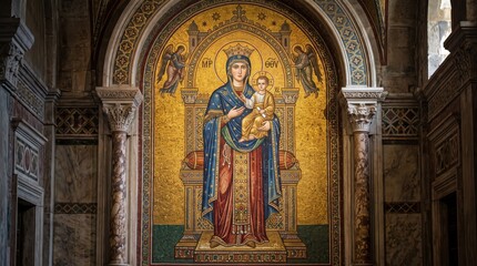 Fototapeta premium Byzantine mosaic of virgin mary with child jesus in ornate cathedral. Religious art with angels and golden background. Catholic icon for worship, christmas, faith and christian tradition concept