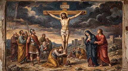 Fototapeta premium Crucifixion of Jesus Christ on the cross with Virgin Mary and mourners. Biblical religious painting of Golgotha with roman soldier and praying women. Christian faith, Easter and catholic art concept.