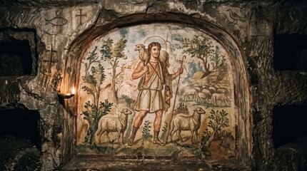 Fototapeta premium Ancient fresco of Jesus Christ as good shepherd carrying lamb on shoulder in early christian catacomb. Shepherd with sheep and halo on stone wall illuminated by candle