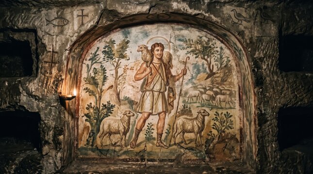 Ancient fresco of Jesus Christ as good shepherd carrying lamb on shoulder in early christian catacomb. Shepherd with sheep and halo on stone wall illuminated by candle