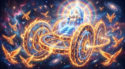 Fototapeta premium God on throne riding fiery chariot with mystical wheels covered in eyes surrounded by angels in cosmic space. Biblical vision of divine glory and