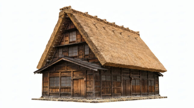 Traditional Asian wooden farmhouse with steep thatched roof isolated on white background