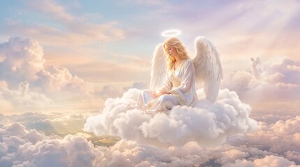 Fototapeta premium Beautiful angel woman with white wings and halo sitting on cloud in heaven. Peaceful divine guardian in prayer among glowing sky. Religious fantasy concept for faith, spirituality and christmas design