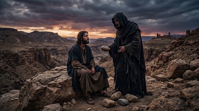 Jesus Christ tempted by devil in desert wilderness. Biblical scene of temptation of Christ with stone offered by hooded satan